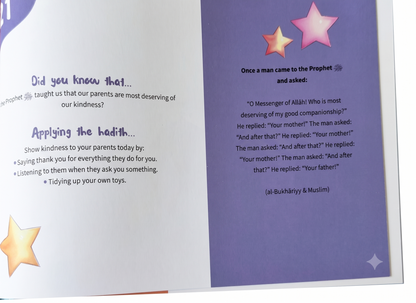 An open children's book or booklet spread showing printed text panels in white and purple with decorative star graphics.
