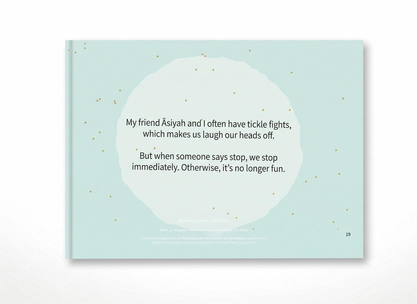 A square art print or book page with a pale mint background, a large white irregular circle in the center, and black text inside it. Small scattered gold specks decorate the surface.