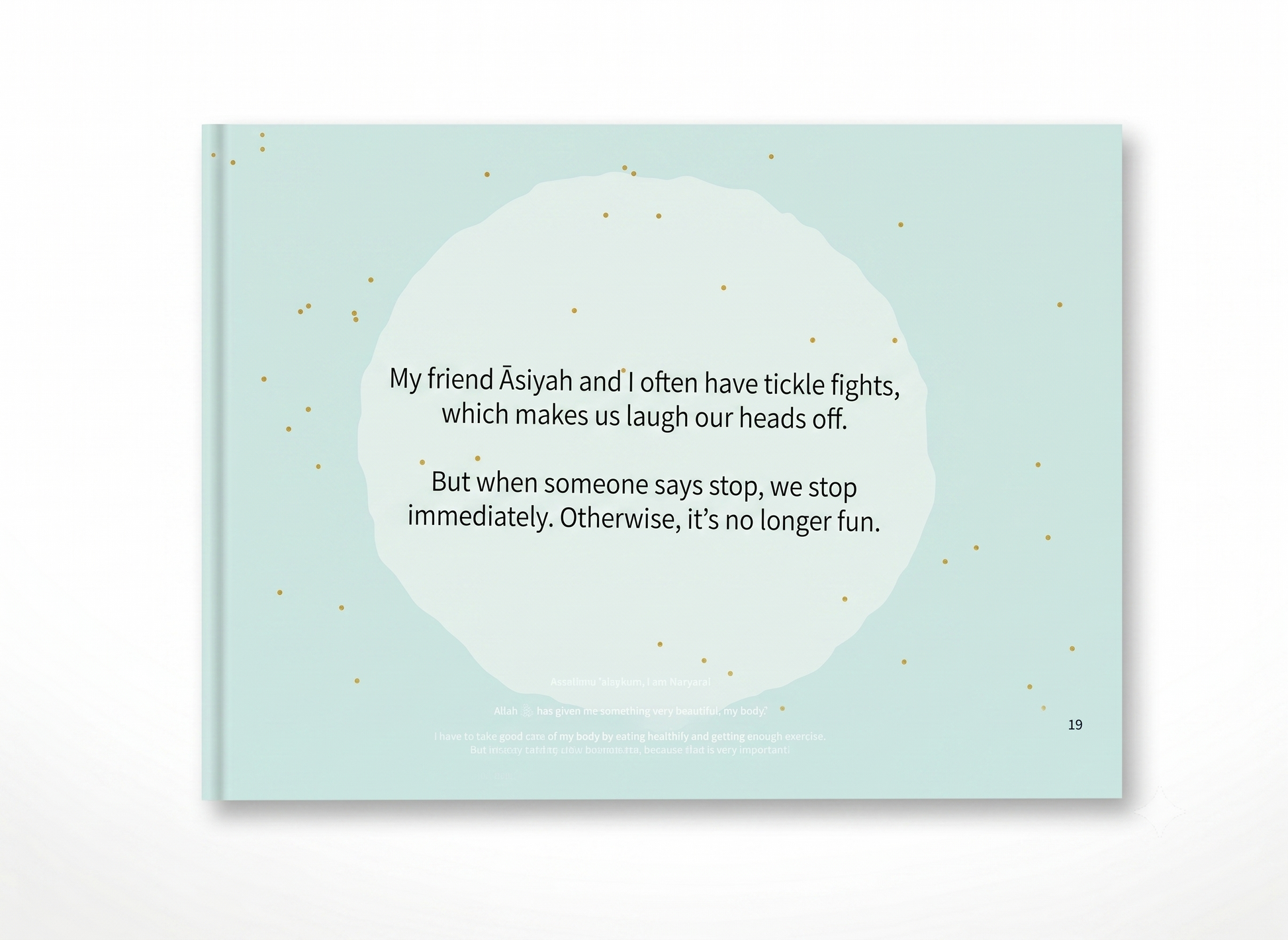 A square art print or book page with a pale mint background, a large white irregular circle in the center, and black text inside it. Small scattered gold specks decorate the surface.