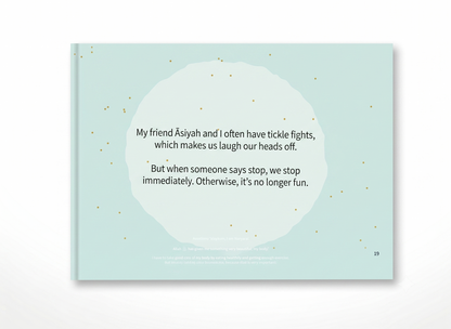 A square art print or book page with a pale mint background, a large white irregular circle in the center, and black text inside it. Small scattered gold specks decorate the surface.