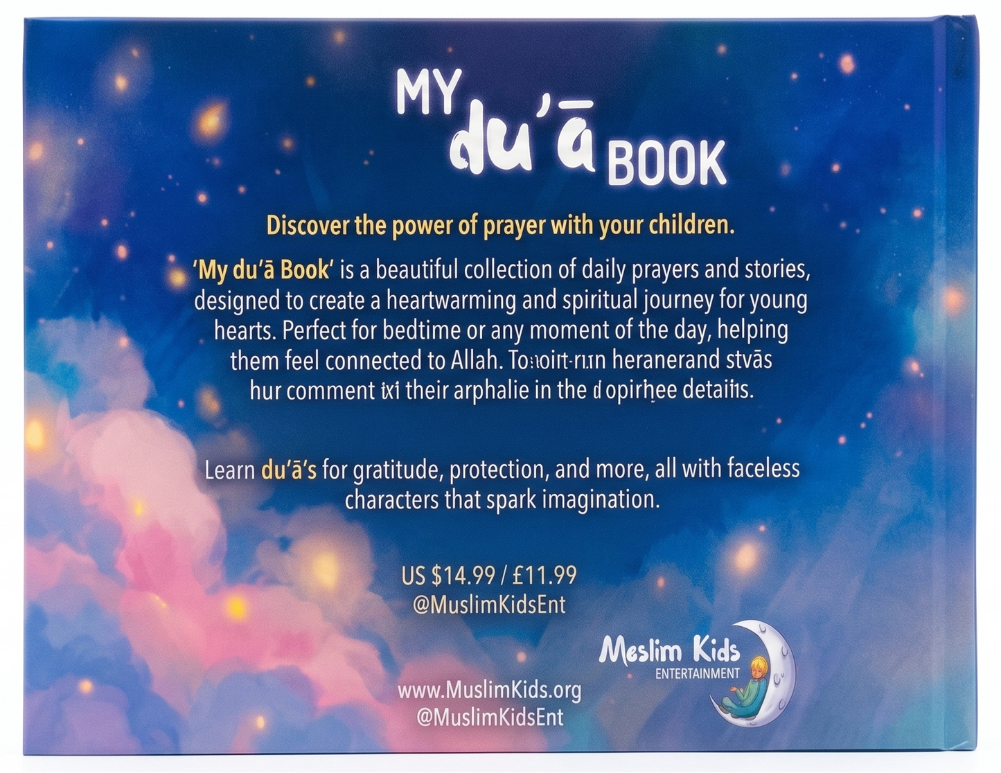 The back cover of 'My Du'a Book' by Najm Al-Rumayni, featuring a blue and purple starry sky background with pink clouds. 