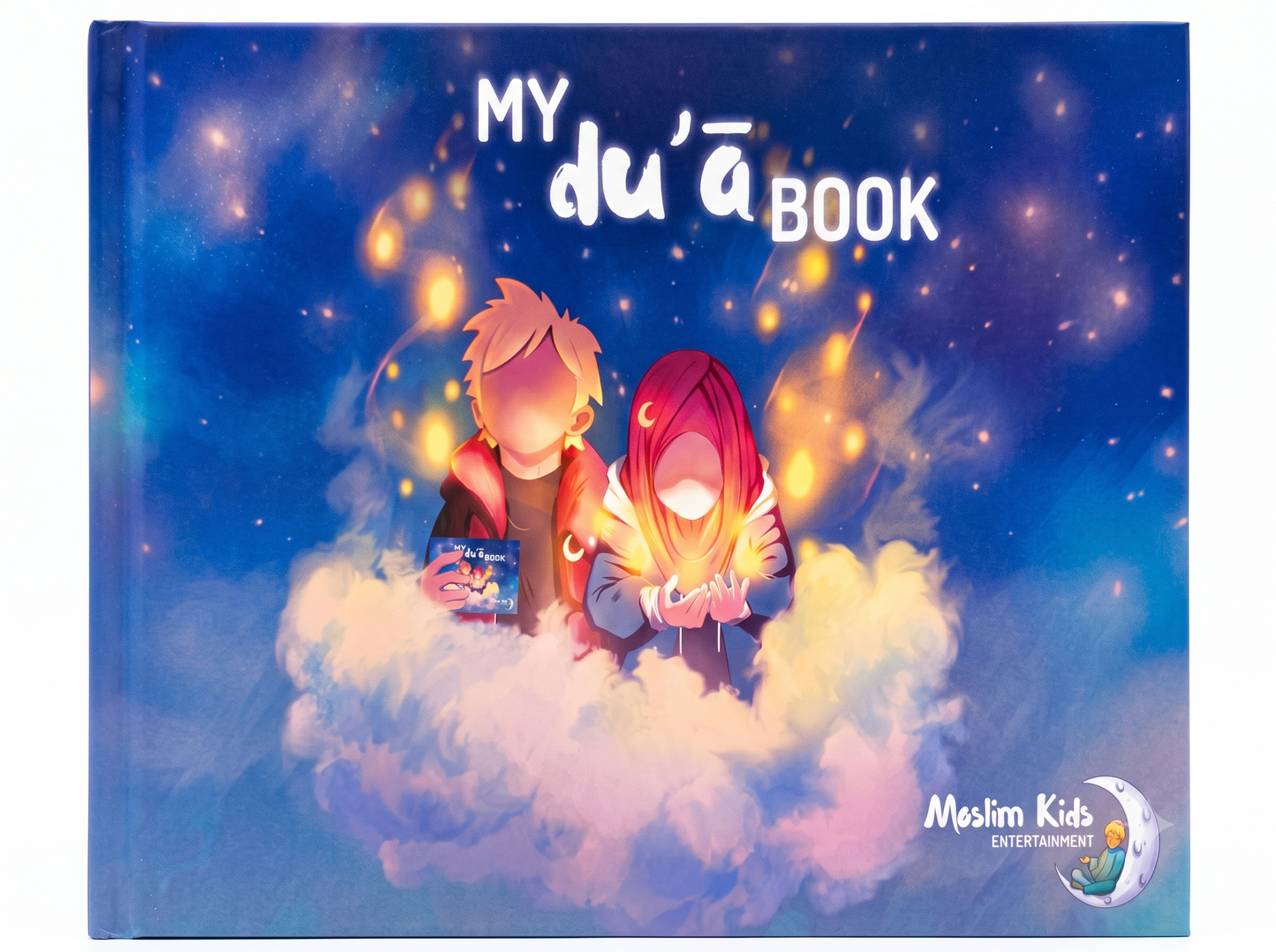 A children's hardcover book titled 'MY duā BOOK' featuring an illustrated cover of two children glowing on a cloud under a starry night sky. 