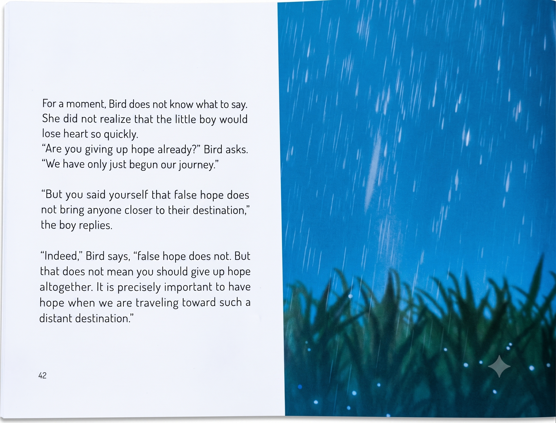 A printed page with a left column of black text on a white background and a right column showing a blue night-sky scene with stars and falling snow.