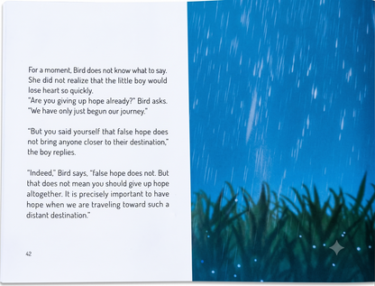 A printed page with a left column of black text on a white background and a right column showing a blue night-sky scene with stars and falling snow.