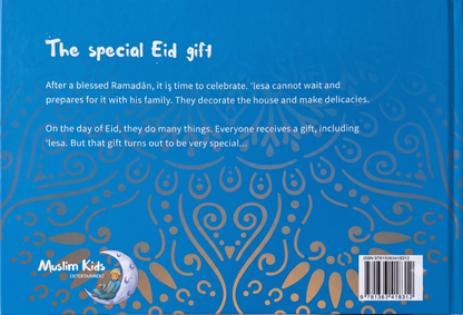The back cover of a children's book titled 'The special Eid gift' by Muslim Kids Entertainment, featuring a bright blue background with white text and gold decorative patterns.