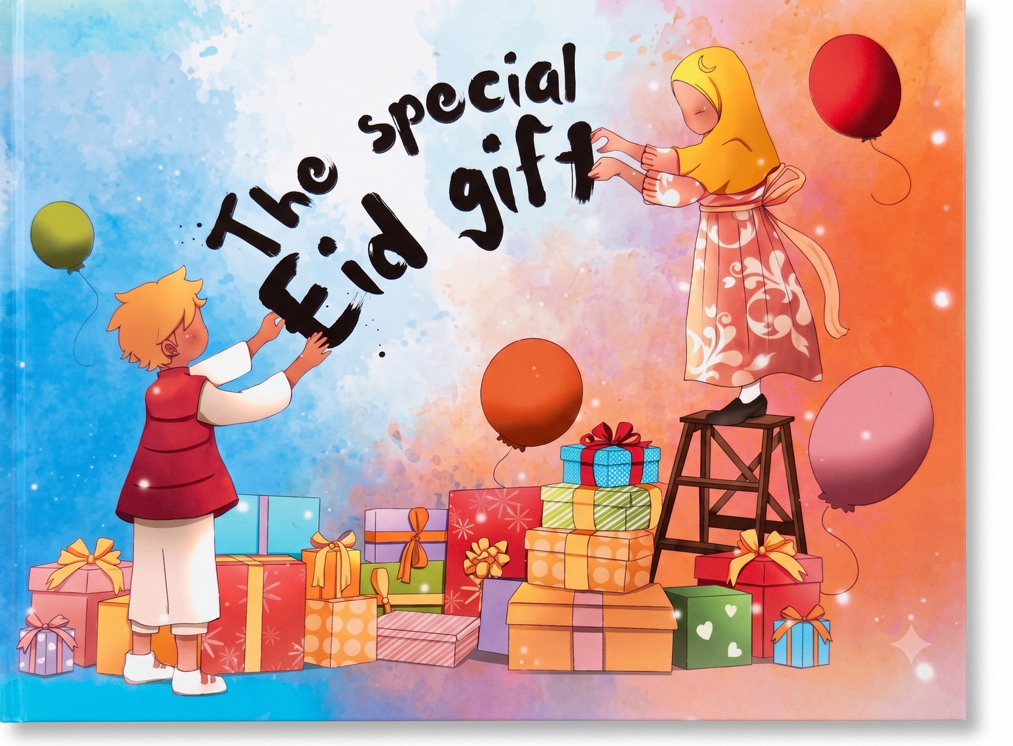 A colorful cover featuring two children celebrating with gifts, balloons, and the text 'The special Eid gift' in stylized lettering.