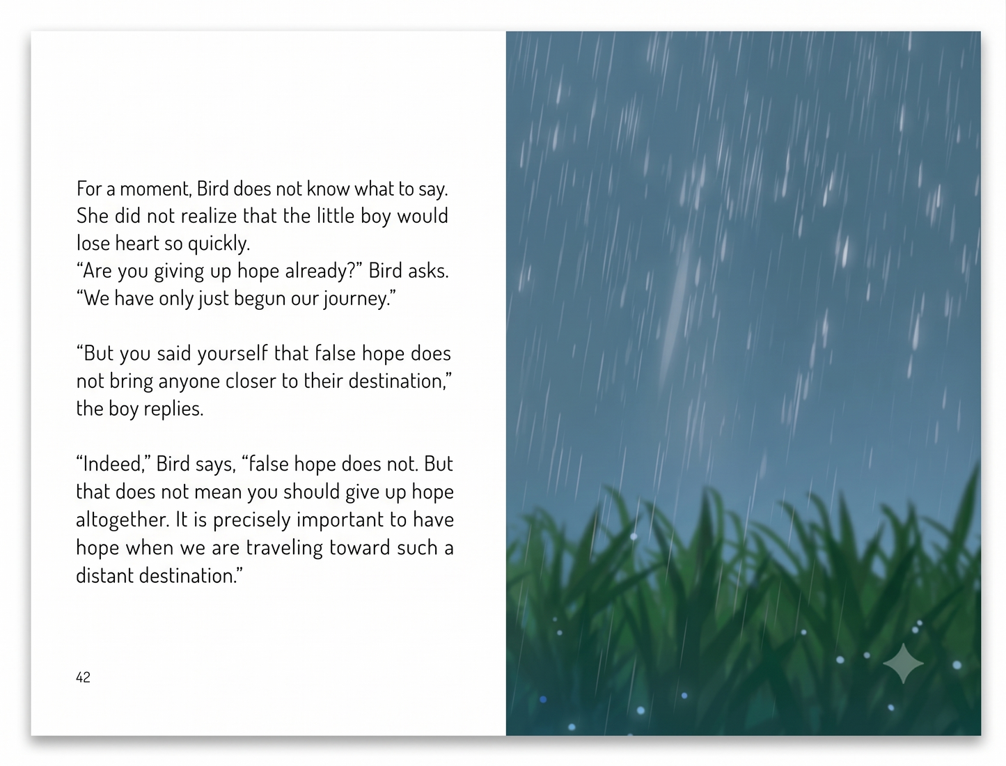 A book or magazine interior spread with a two-column layout. The left column contains a short text excerpt in black serif font on a white page, and the right column shows a scenic photograph of rain falling over green grass under a blue-gray sky.