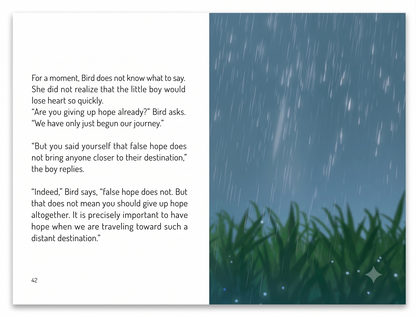 A book or magazine interior spread with a two-column layout. The left column contains a short text excerpt in black serif font on a white page, and the right column shows a scenic photograph of rain falling over green grass under a blue-gray sky.