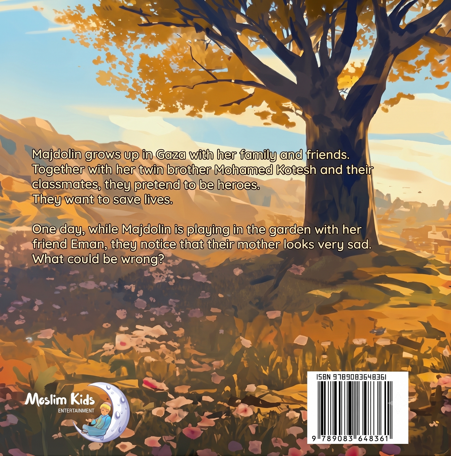 Back cover of a children's book titled Palestine,  featuring a warm autumn landscape illustration with a large tree, hills, and text describing a family story. 